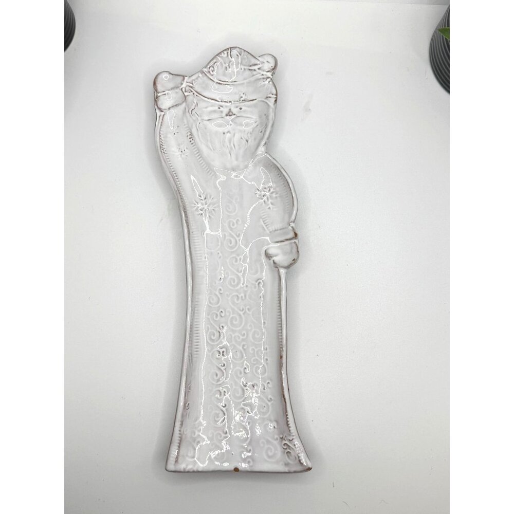 Vietri Ceramic Embossed Santa Claus Serving Platter White With Brown Accents
